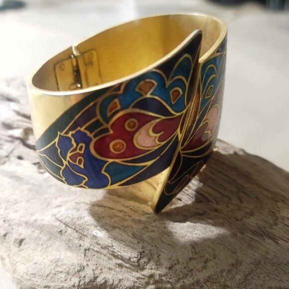 Vintage Hinged Cloisonné Butterfly Bracelet Gold Tone Enamel Bold Design Jewelry - Picture 4 of 10